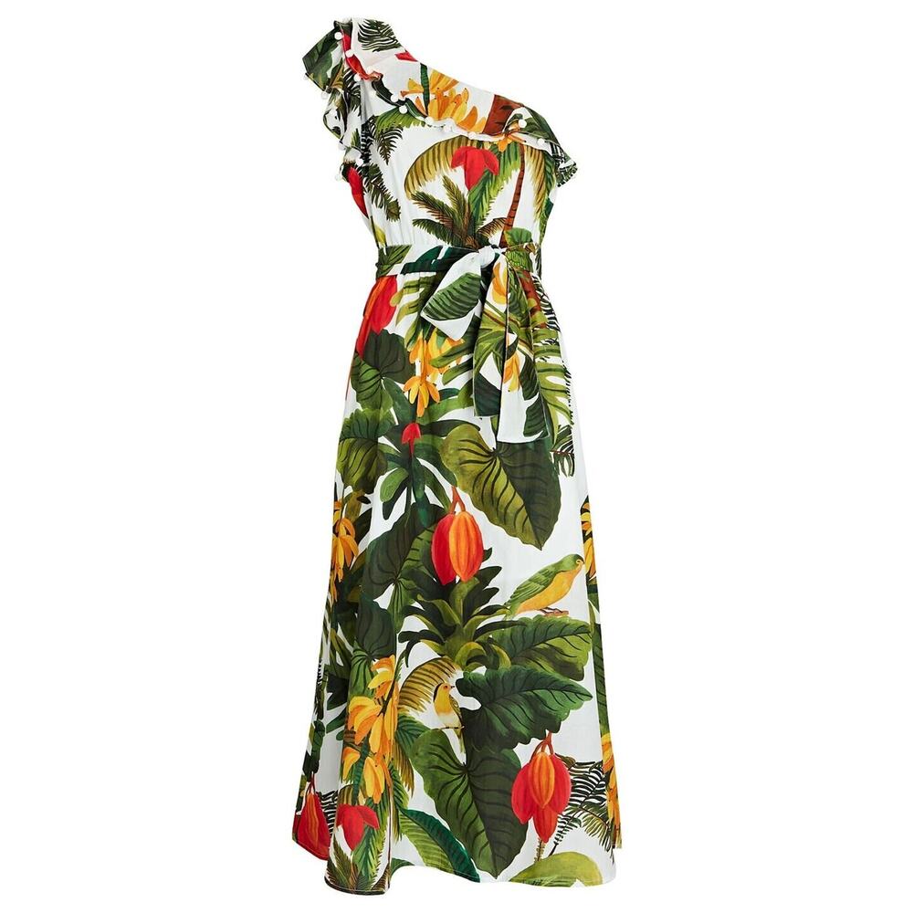 FARM Rio White Cocoa Forest One Shoulder Midi Dress M